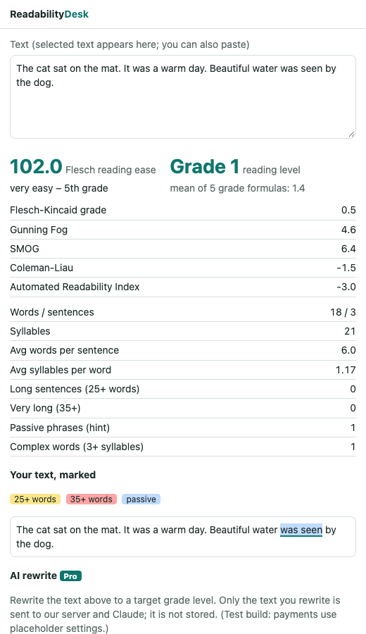 The extension popup showing a Flesch reading ease score, reading level, other formula scores, counts and the text with long sentences and passive phrases marked