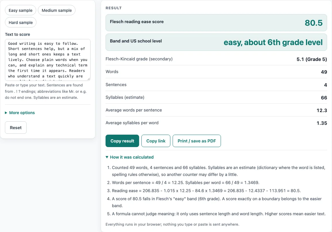 Flesch reading ease calculator example