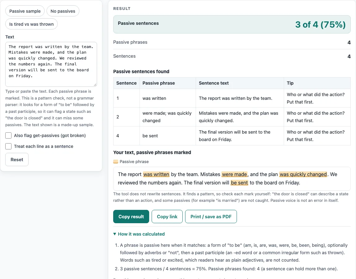 Passive voice checker example
