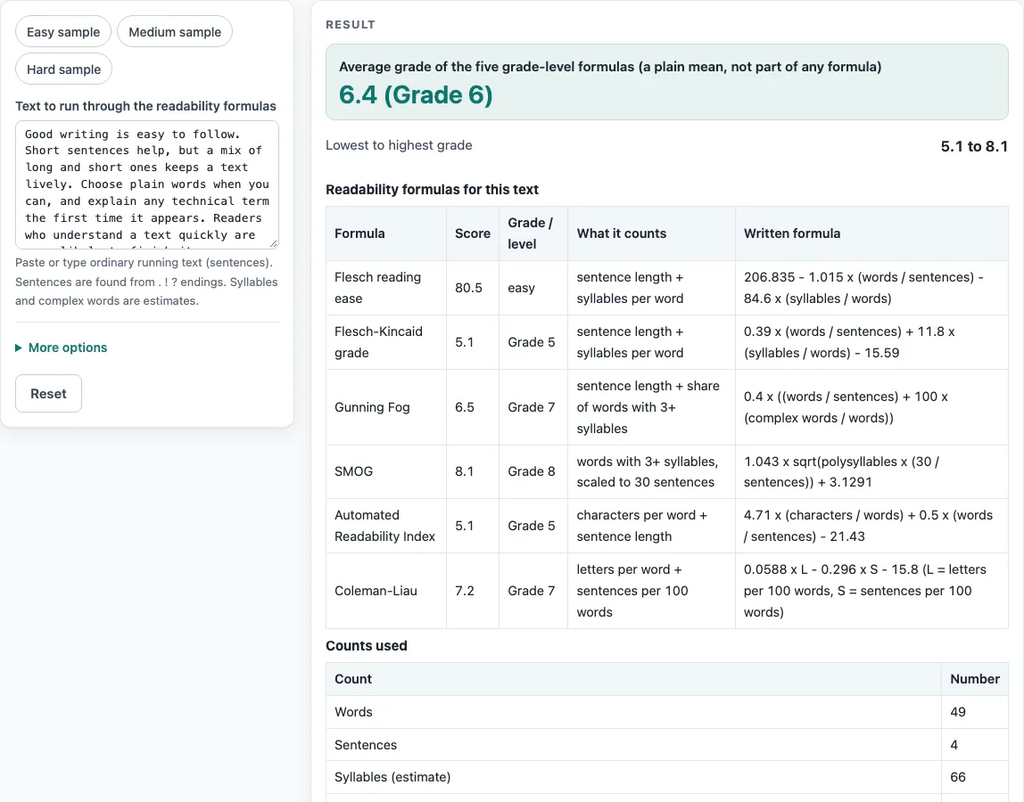 Readability formula example