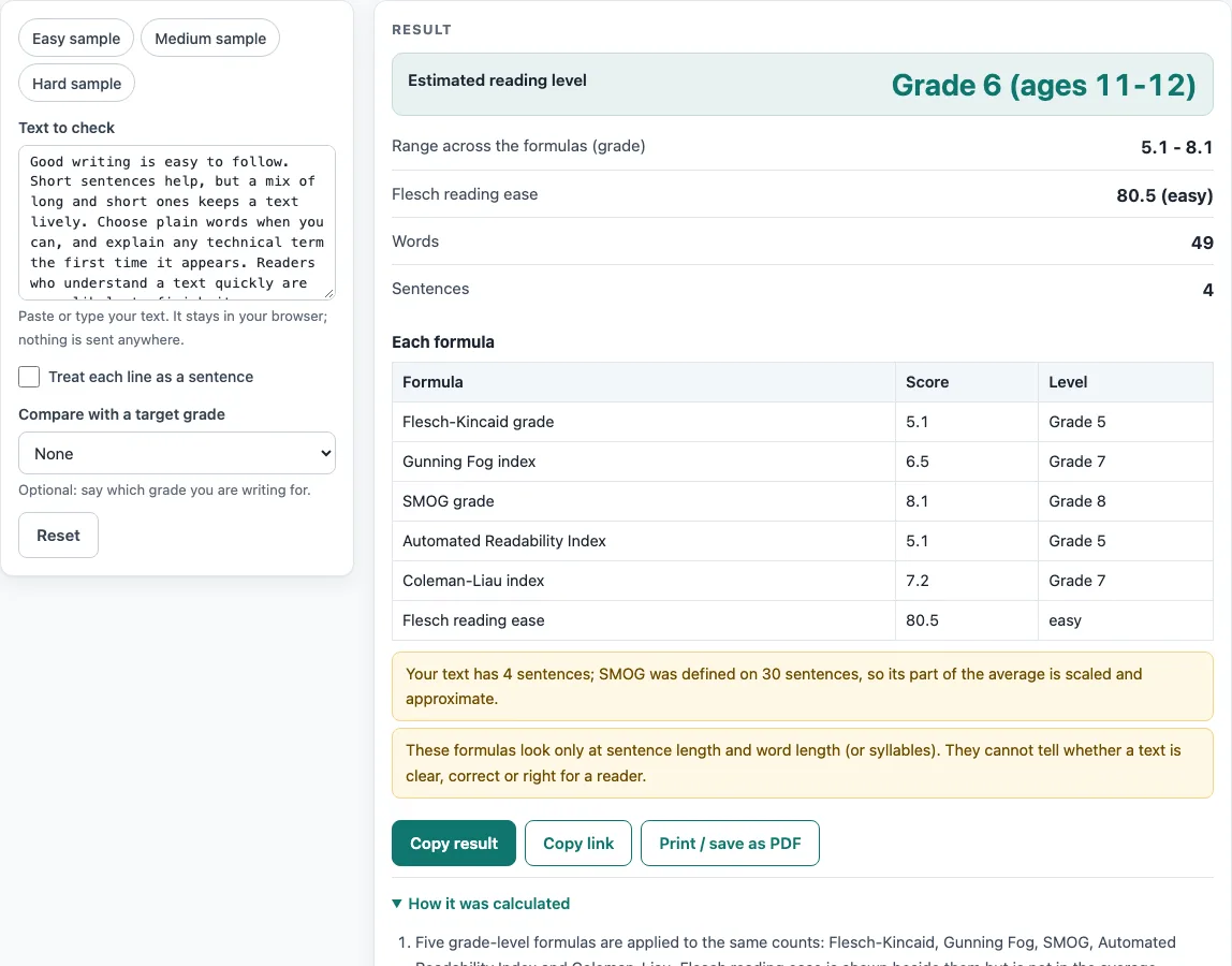Reading level checker example