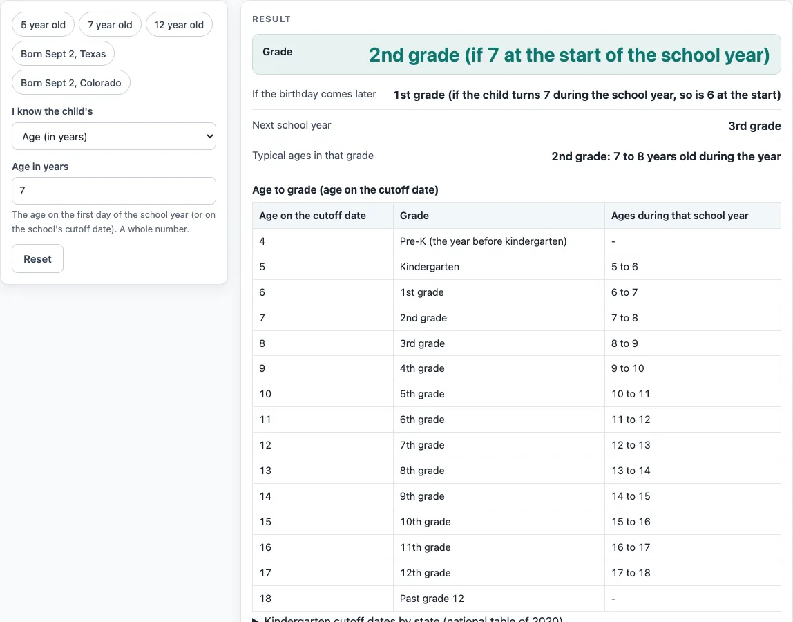 What grade is a 7 year old in example